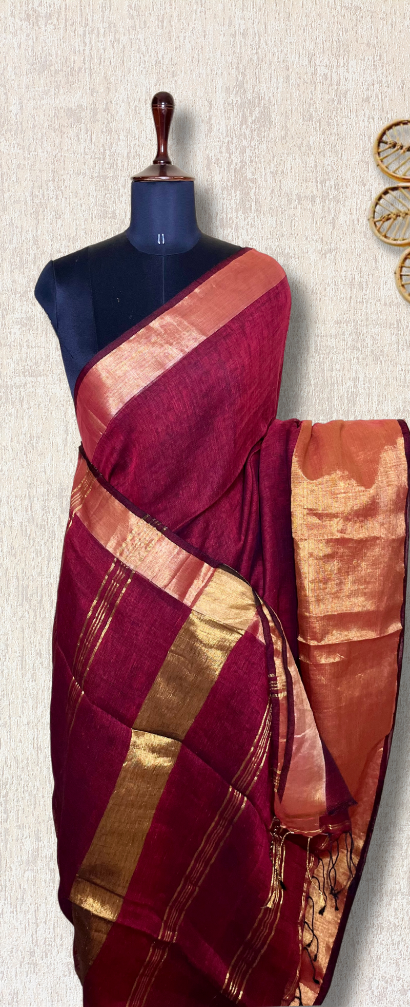 Handwoven Linen Saree - Flush Maroon + Gold