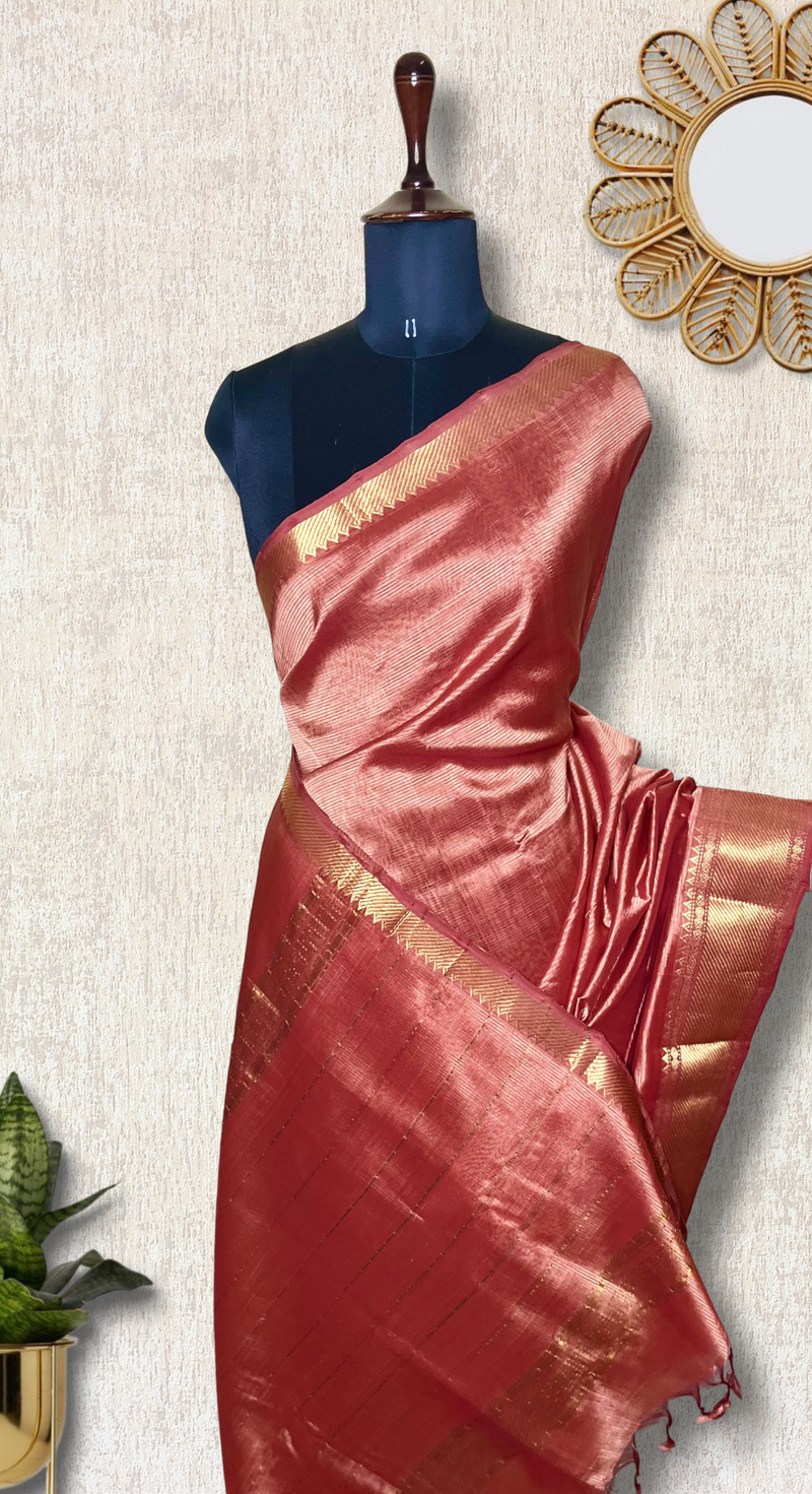 Handwoven Mangalgiri Silk Cotton Saree - Sea rust + Gold