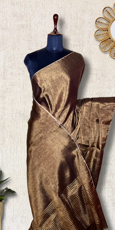 Handwoven Metallic Linen Tissue Saree - Rust Brown