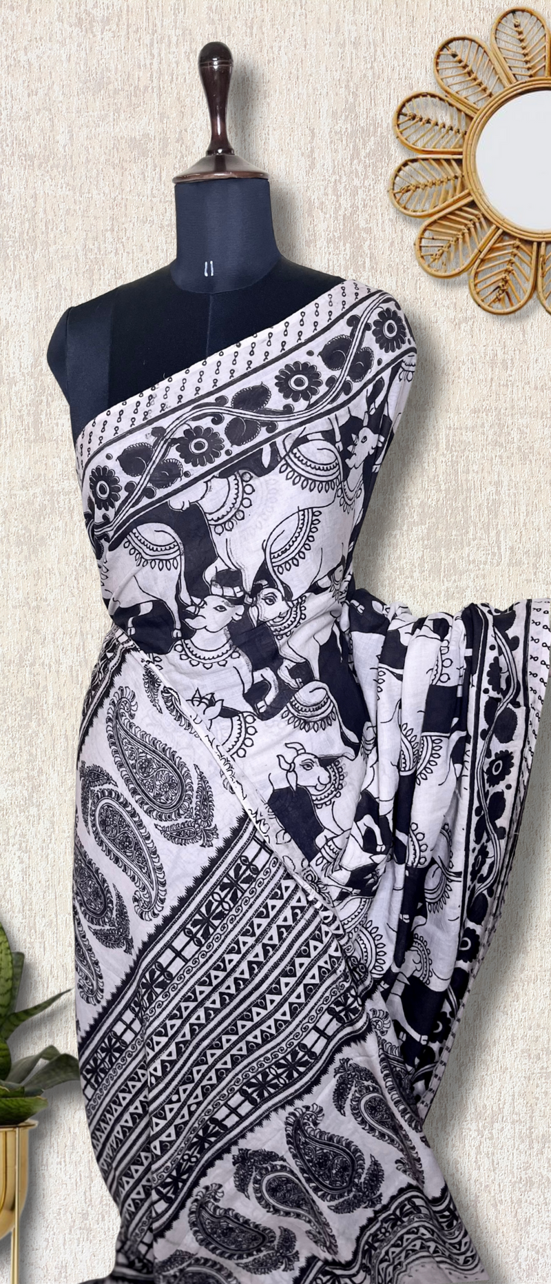 Handcrafted Kalamkari Cotton Saree - Smokey Black + Soft Cream