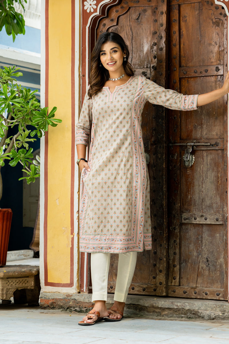 Beige Orange Buti Border Kurti