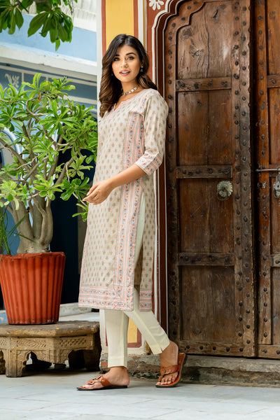 Beige Orange Buti Border Kurti