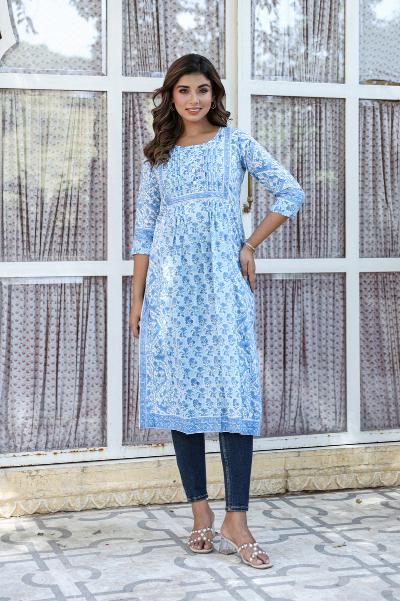 Blue White Floral Pintucks Panel Kurti