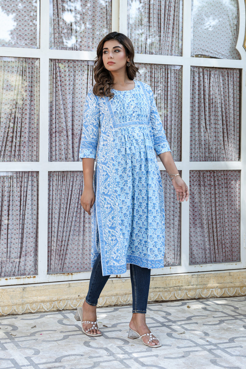 Blue White Floral Pintucks Panel Kurti