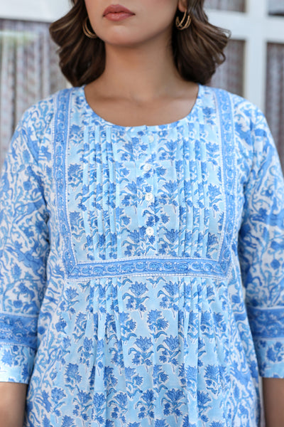 Blue White Floral Pintucks Panel Kurti
