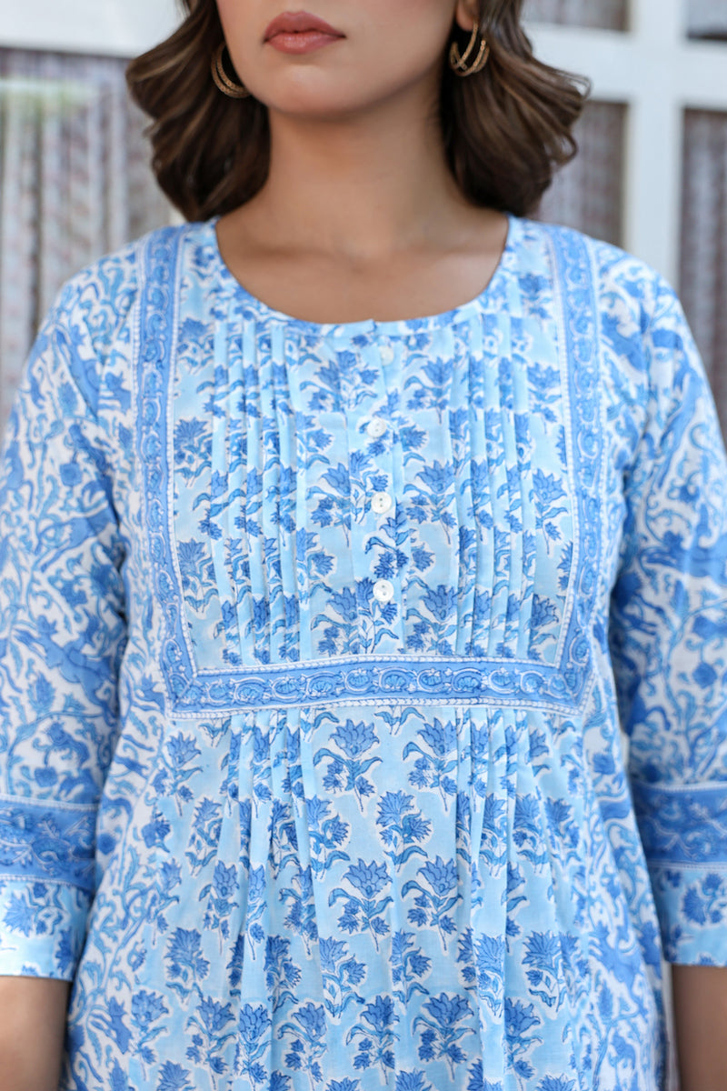 Blue White Floral Pintucks Panel Kurti