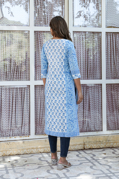 White Blue Floral Pintucks  Panel Kurti