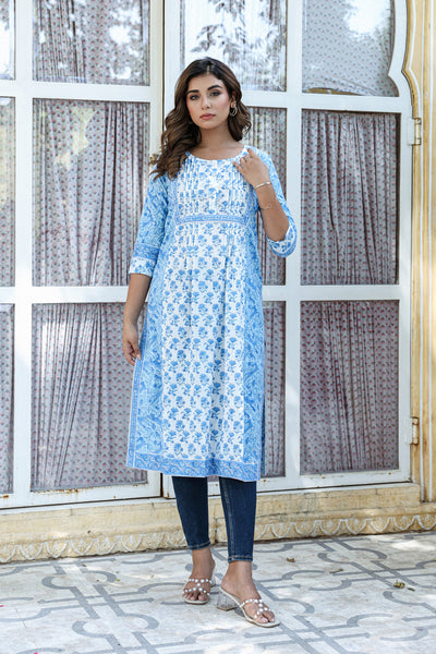 White Blue Floral Pintucks  Panel Kurti