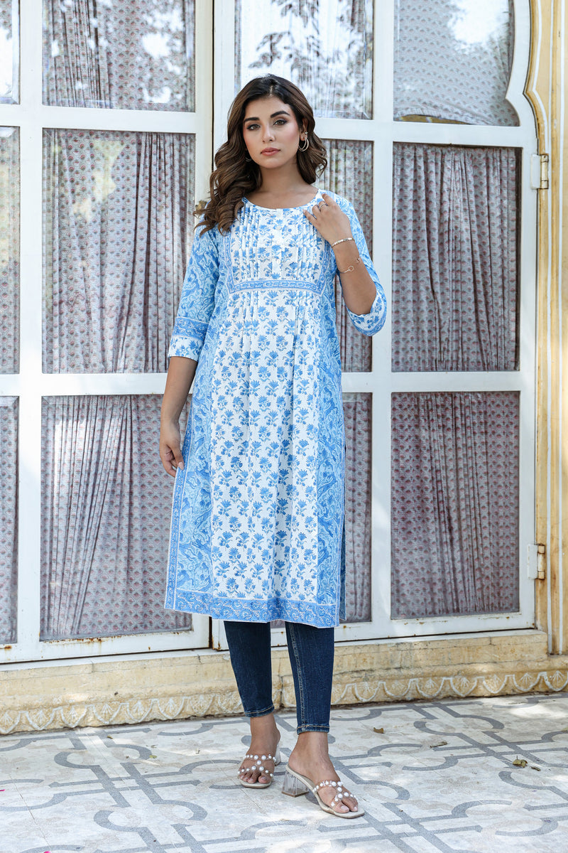 White Blue Floral Pintucks  Panel Kurti