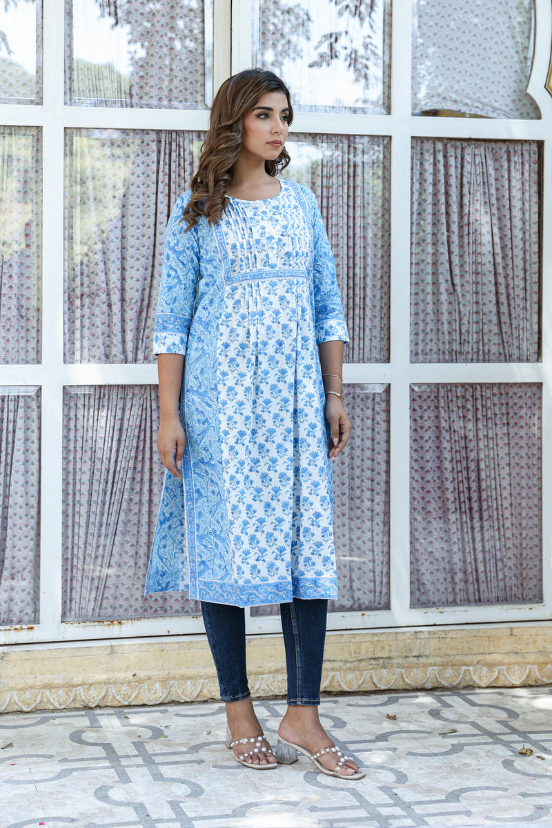 White Blue Floral Pintucks  Panel Kurti