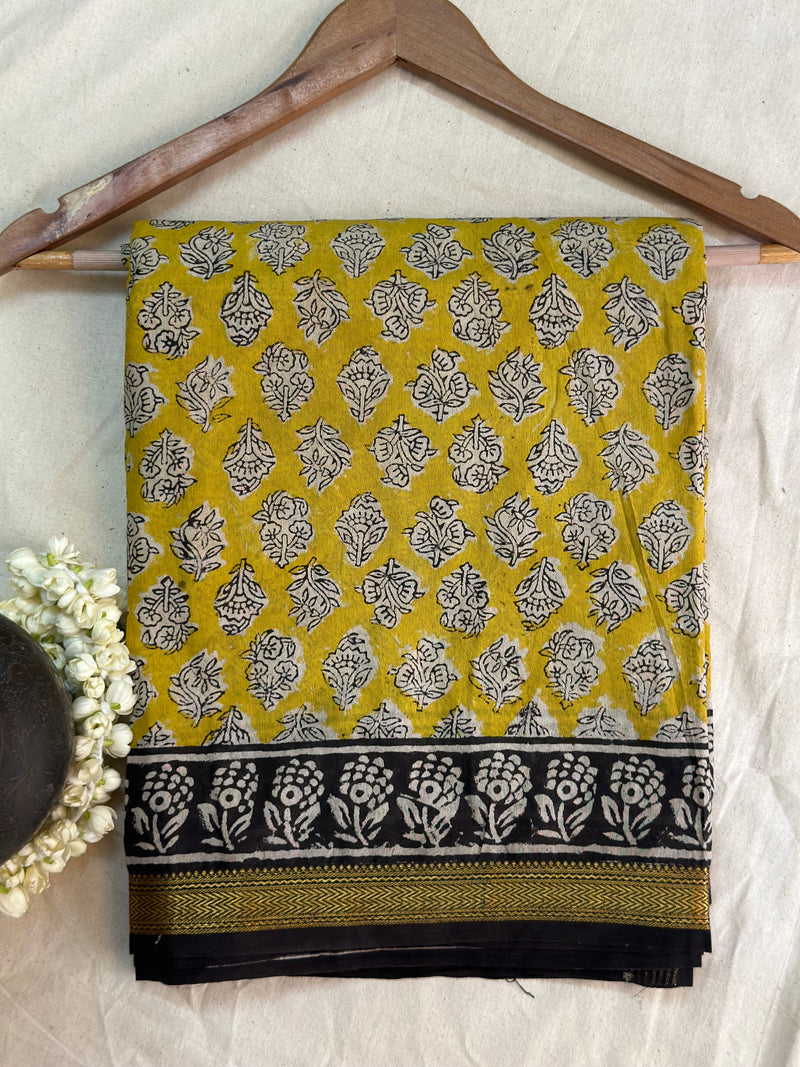 EXP - Kanmani  yellow with black Handblock printed Maheshwari silk cotton saree