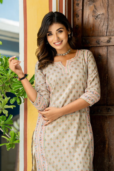 Beige Orange Buti Border Kurti