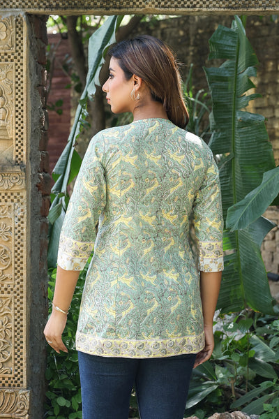 White Yellow Floral Pintucks  Panel Short Kurti