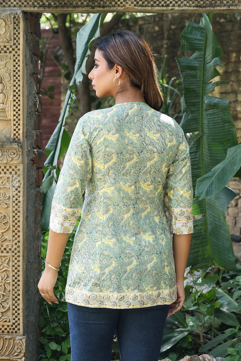 White Yellow Floral Pintucks  Panel Short Kurti
