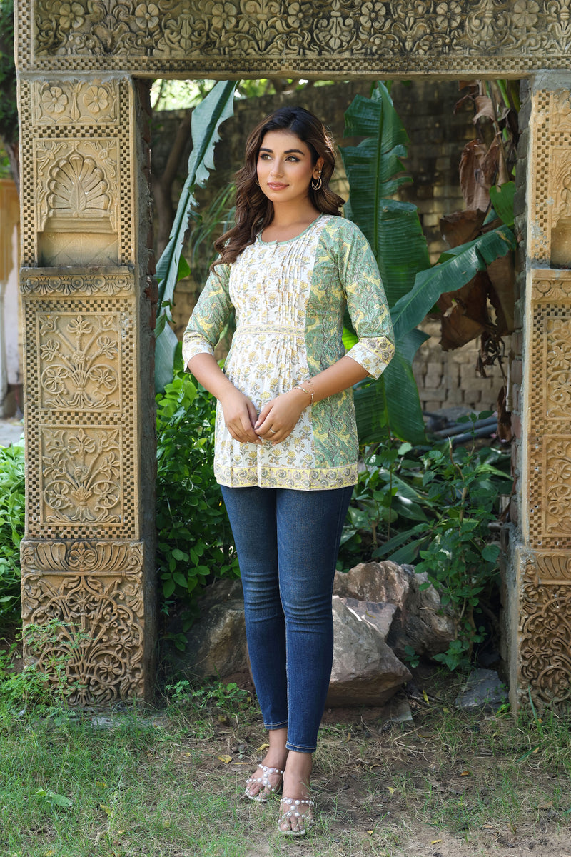 White Yellow Floral Pintucks  Panel Short Kurti