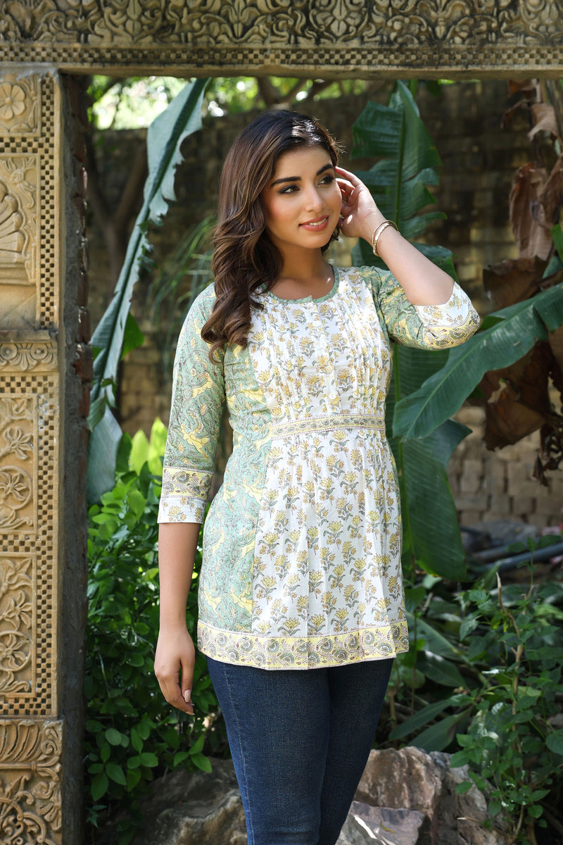 White Yellow Floral Pintucks  Panel Short Kurti
