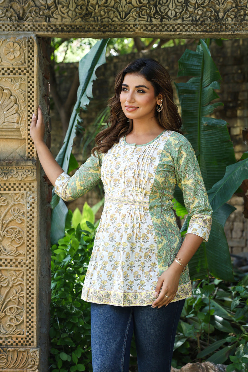 White Yellow Floral Pintucks  Panel Short Kurti