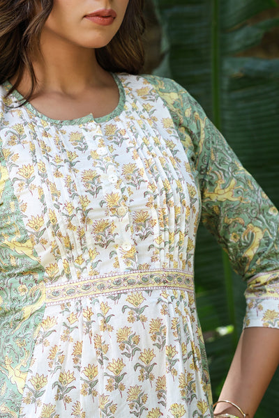 White Yellow Floral Pintucks  Panel Short Kurti