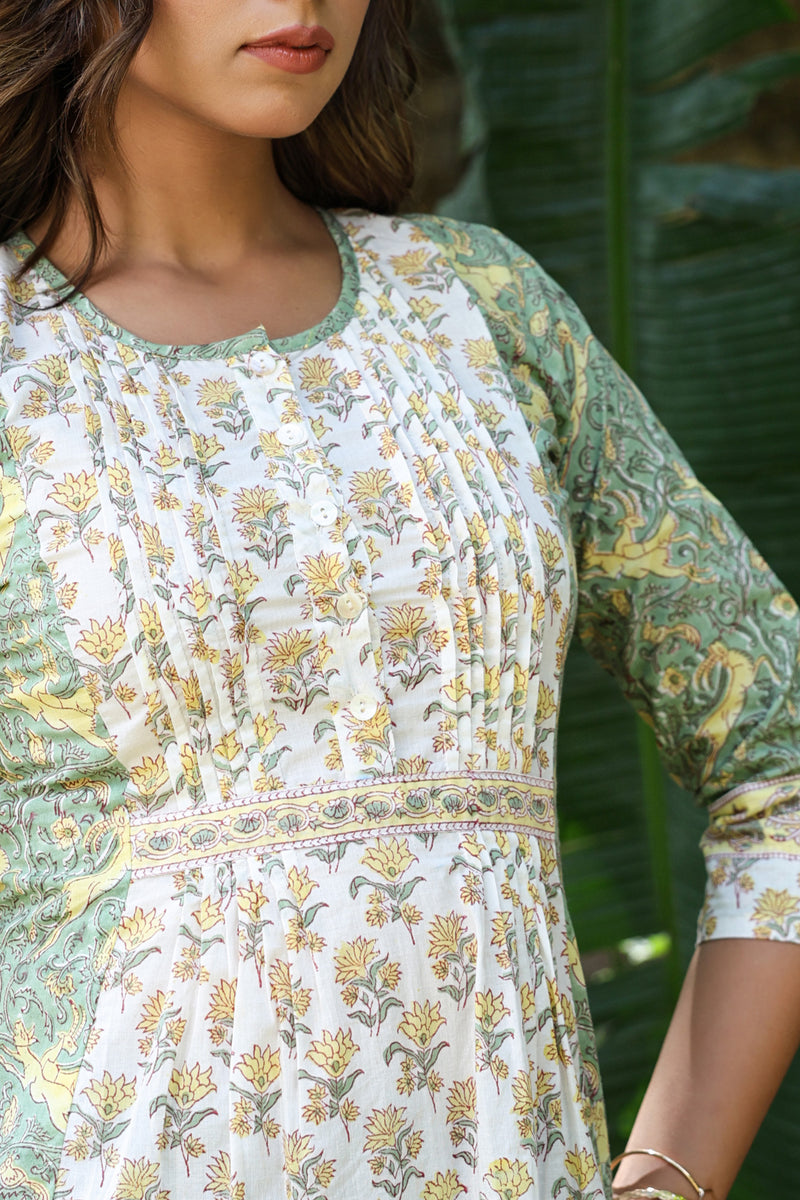 White Yellow Floral Pintucks  Panel Short Kurti
