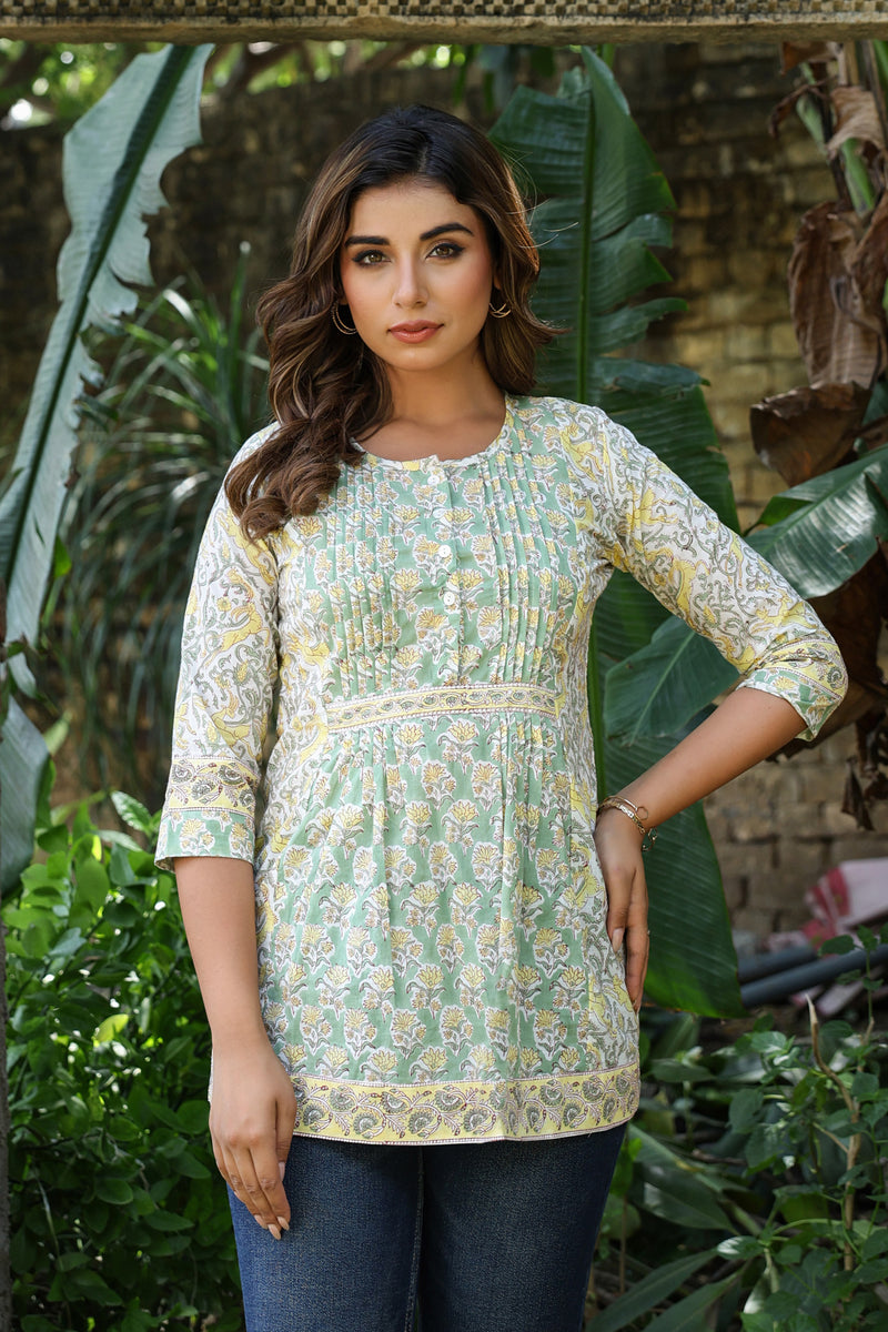 Yellow White Floral Pintucks  Panel Short Kurti