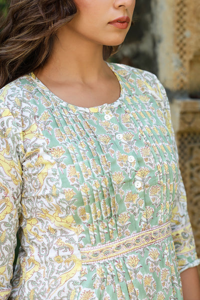 Yellow White Floral Pintucks  Panel Short Kurti