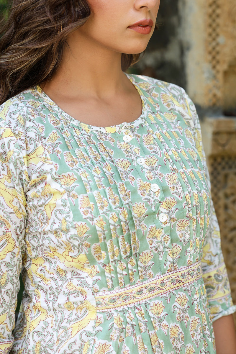 Yellow White Floral Pintucks  Panel Short Kurti
