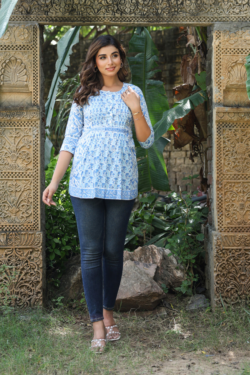 Blue White Floral Pintucks  Panel Short Kurti