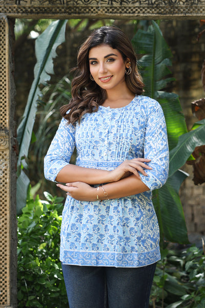 Blue White Floral Pintucks  Panel Short Kurti