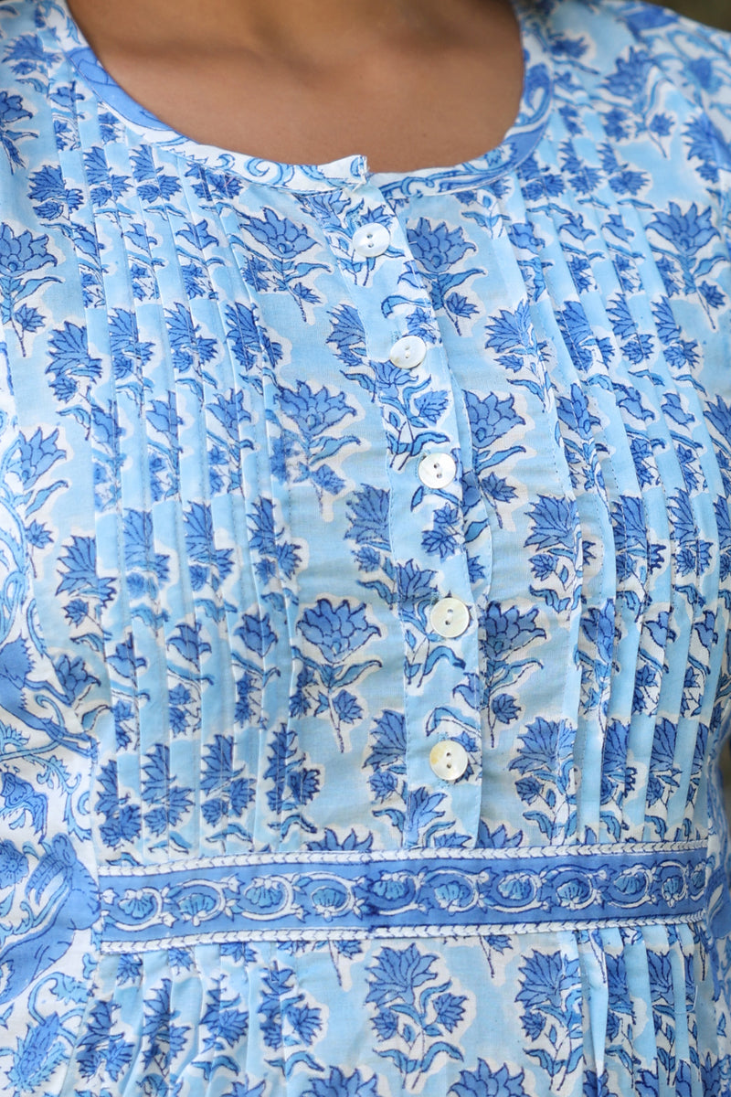 Blue White Floral Pintucks  Panel Short Kurti