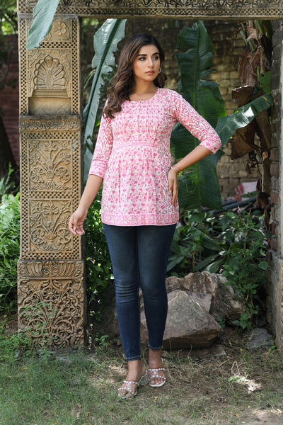 Pink White Floral Pintucks  Panel Short Kurti