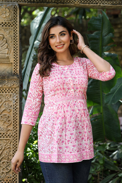Pink White Floral Pintucks  Panel Short Kurti