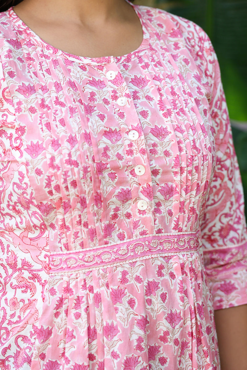 Pink White Floral Pintucks  Panel Short Kurti