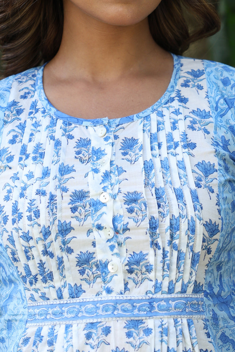 White Blue Floral Pintucks  Panel Short Kurti
