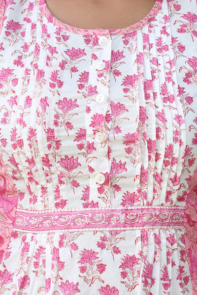 White Pink Floral Pintucks  Panel Short Kurti