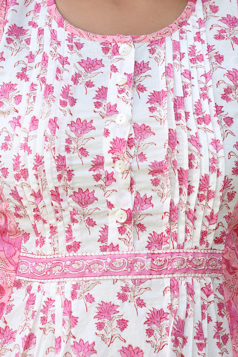 White Pink Floral Pintucks  Panel Short Kurti