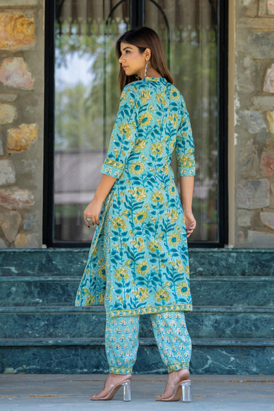 Teal Blue Yellow Buti Kurta Set