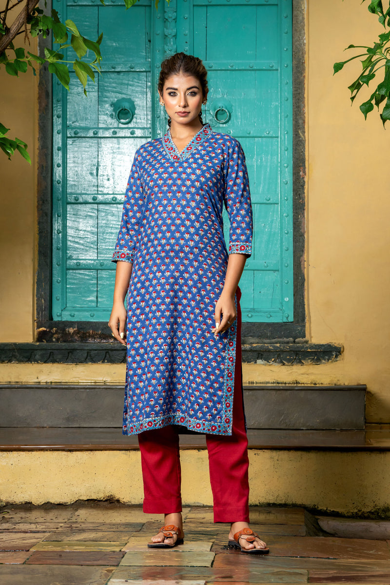 Navy Red Buti Kurta Set