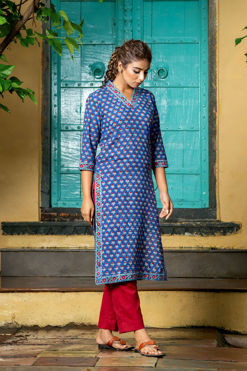 Navy Red Buti Kurta Set