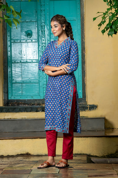 Navy Red Buti Kurta Set