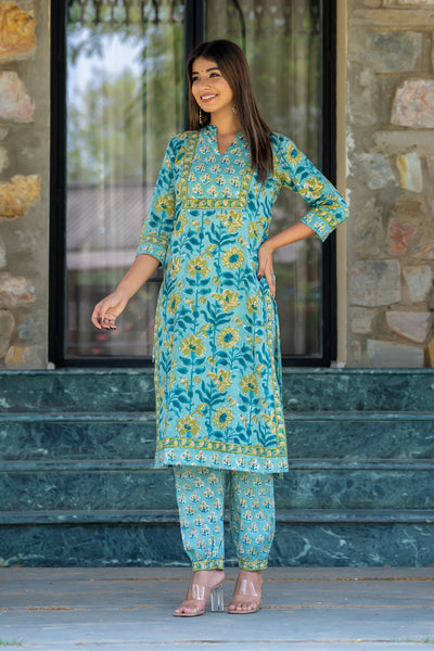 Teal Blue Yellow Buti Kurta Set