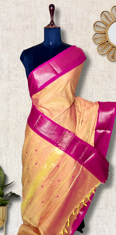 Chettinad Cotton Saree - Pumpkin Orange Yellow + Cerise Pink