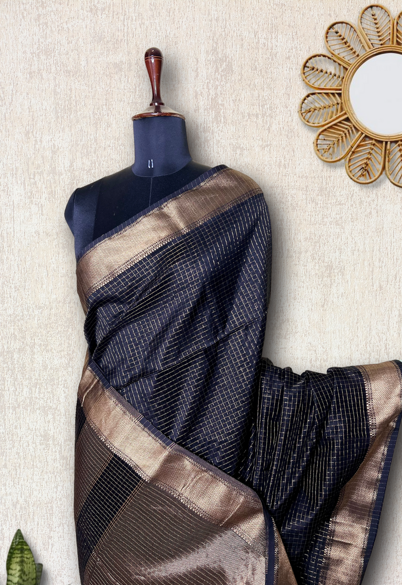 Handwoven Silk Cotton Saree - Baltic Black + Gold