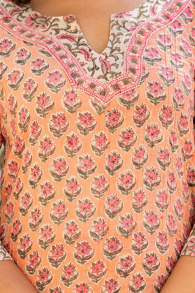 Orange Floral Buti Pintuks Kurta Set