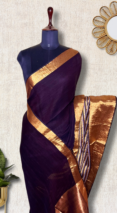 Handwoven Linen Saree - Coco Brown + Gold