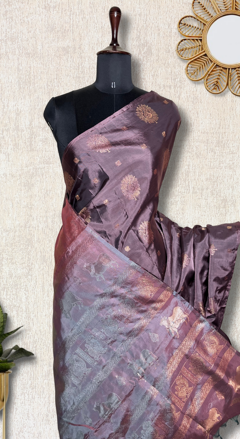 Handwoven Art Silk Saree - Congo Brown +  Rose Bud Cherry