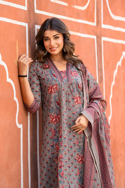 Grey Red Buti dress set