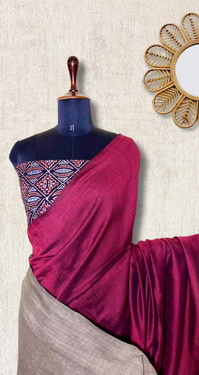 Khadi Cotton Saree -Flush Maroon +Rust Silver