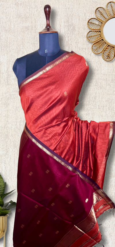 Handwoven Maheshwari Silk Cotton Saree -  Mexican Orange + Flush Maroon