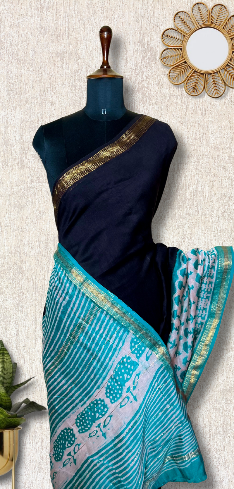 Handblock Printed Silk Cotton Saree - Charcoal Black + Pacific Green