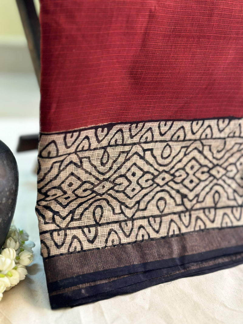 EXP - Kanmani Maroon with black Handblock print kota saree